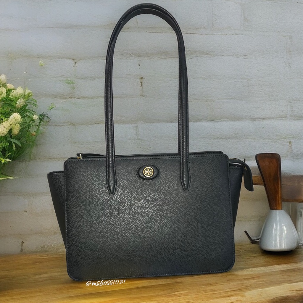 Tory Burch Robinson Small Pebbled Leather Tote In Black Nwt